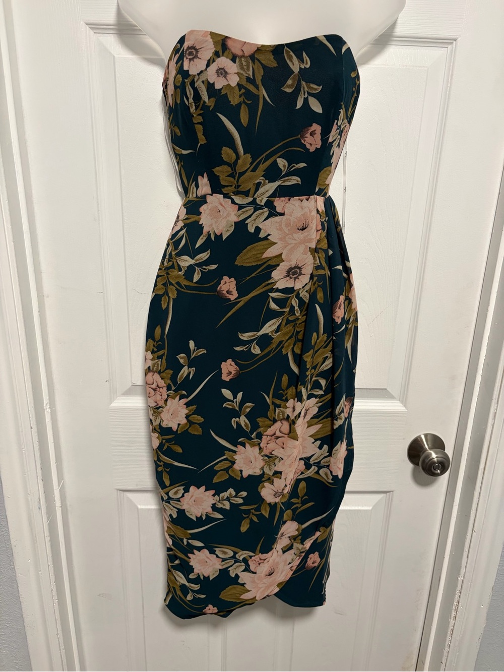 Lulus Effortless Charm Hunter Green Floral Strapless Tulip Midi Dress